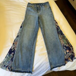 Women's Blue Jeans with Patterned Satin Side Panels